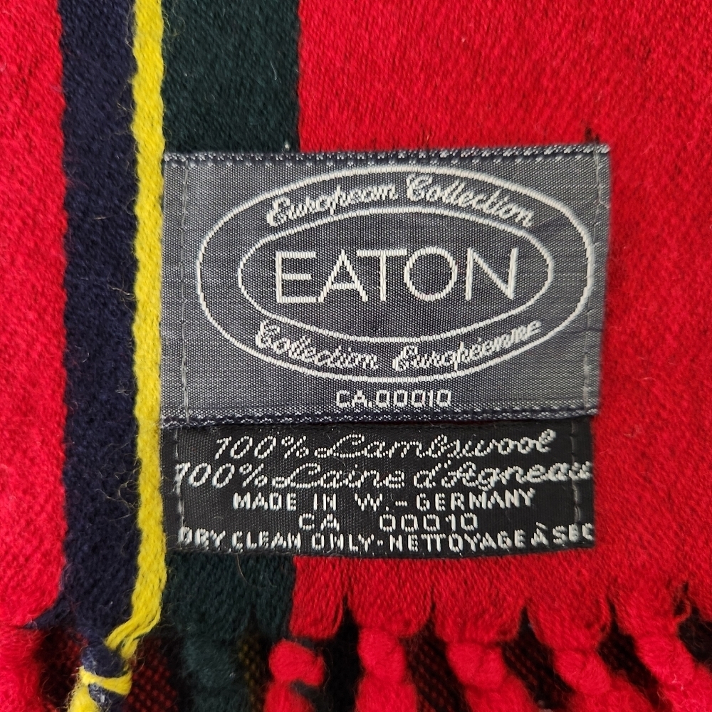 EATON – Red Black Stripe Lambswool Fringe Scarf vintage os - Picture 2 of 8